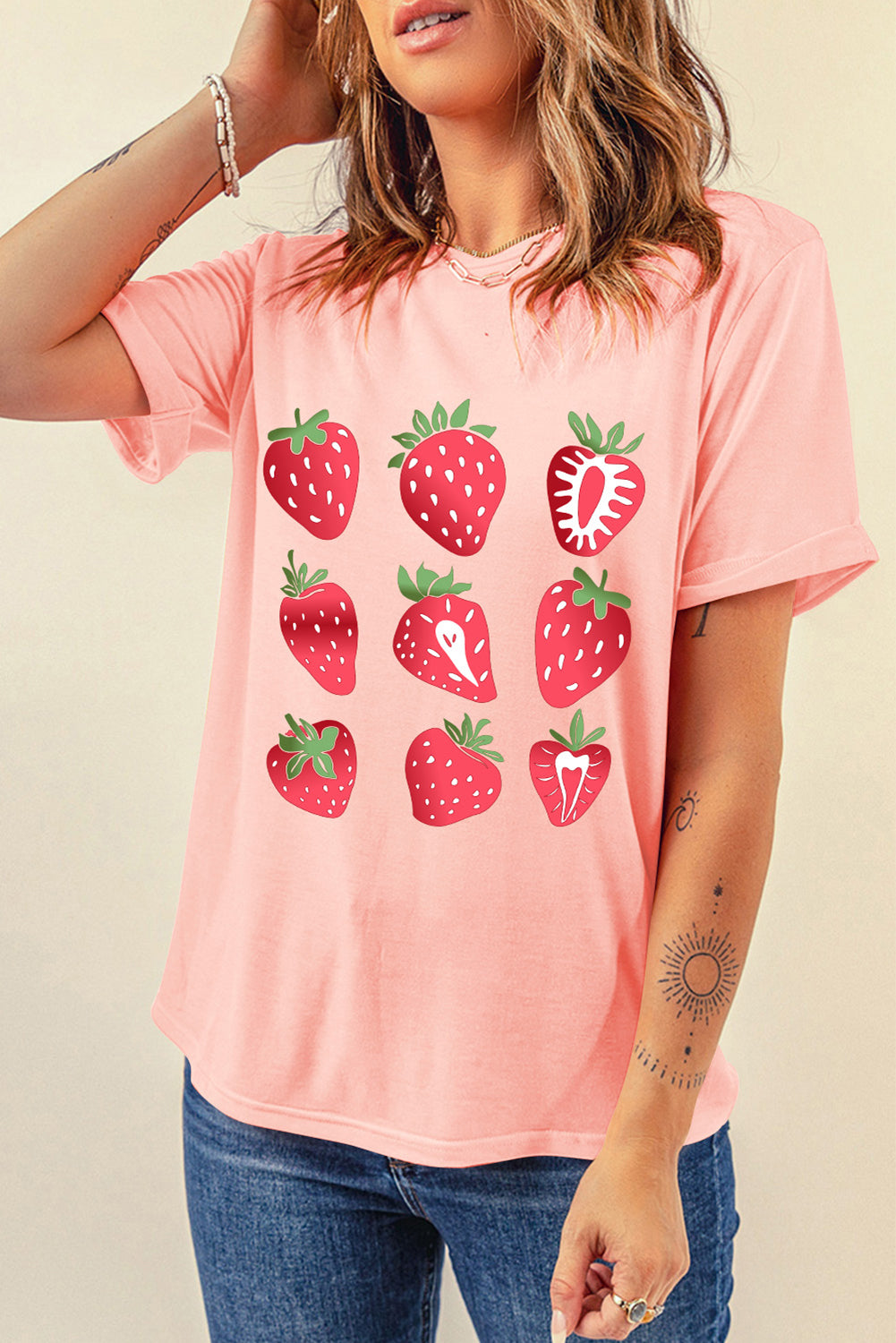 Pink Strawberry Fruit Pattern Graphic Tee Graphic Tees JT's Designer Fashion