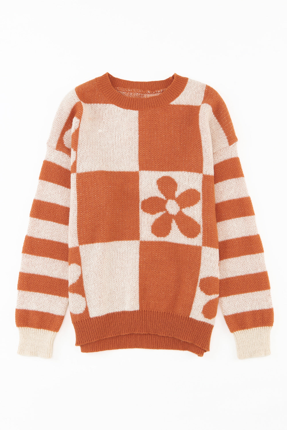 Brown Checkered Floral Print Striped Sleeve Sweater Sweaters JT's Designer Fashion