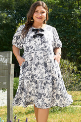 Black Floral Print Bow Detail Puff Sleeve Plus Size Midi Dress Plus Size Midi Dresses JT's Designer Fashion