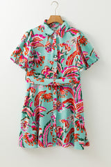 Green Abstract Print Lace-up High Waist Buttoned Mini Dress Mini Dresses JT's Designer Fashion