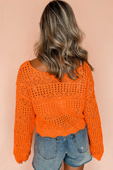 Carrot Solid Color Open Crochet Scallop Edge Sweater Sweaters JT's Designer Fashion