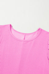 Bright Pink Corded Knit Crew Neck Puff Sleeve Shift Mini Dress T Shirt Dresses JT's Designer Fashion