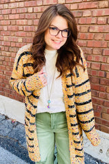 Beige Striped Pom Pom Knit Open Front Long Cardigan Cardigans JT's Designer Fashion