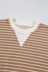 Khaki Stripe Patched Edge Textured Round Neck Long Sleeve Top Long Sleeve Tops JT's Designer Fashion