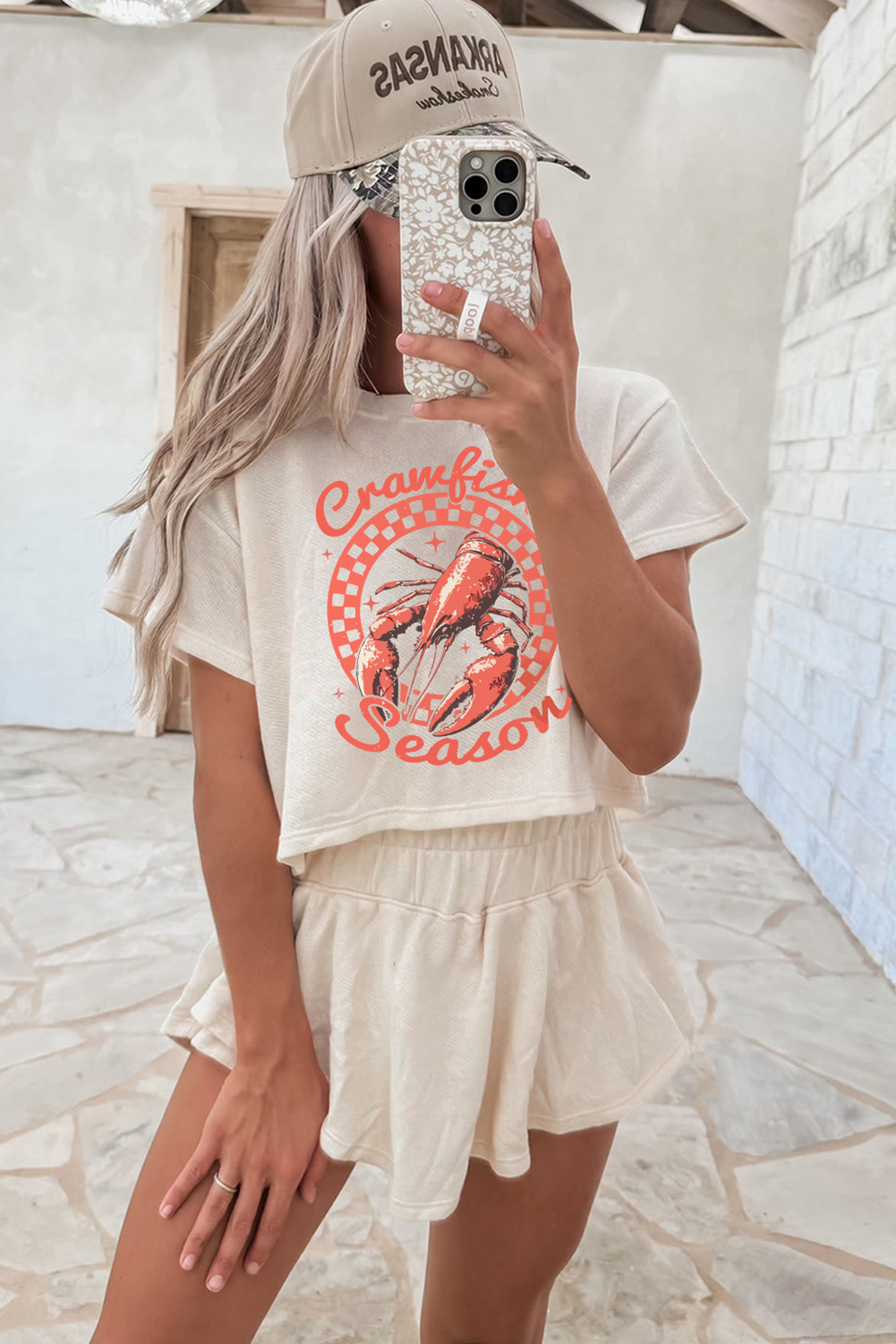 Beige Crawfish Season Print T Shirt and High Waist Ruffle Skorts Set Graphic Sets JT's Designer Fashion