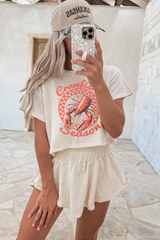 Beige Crawfish Season Print T Shirt and High Waist Ruffle Skorts Set Graphic Sets JT's Designer Fashion