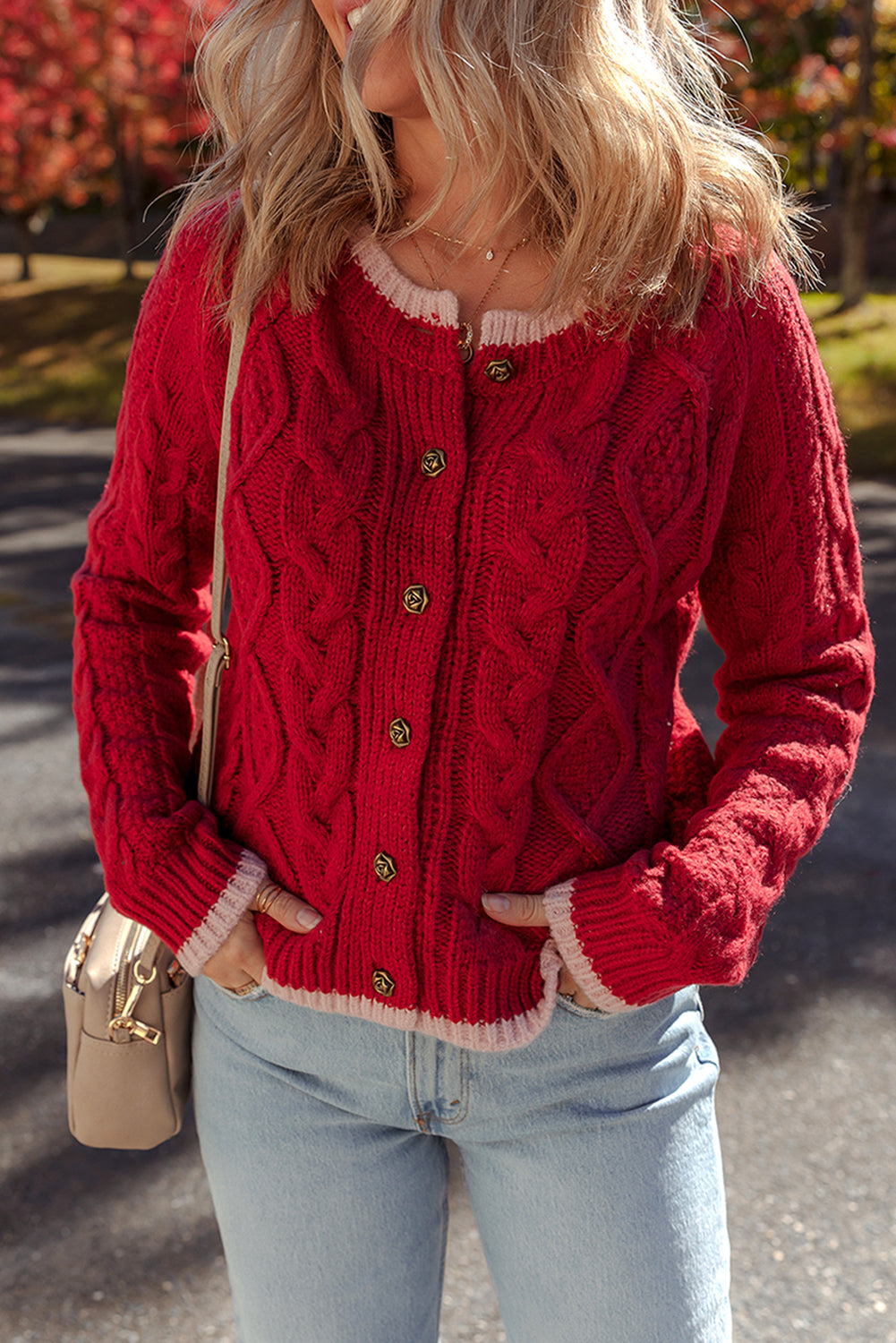 Racing Red Color Contrast Edge Cable Knit Buttoned Cardigan Racing Red 65%Acrylic+35%Polyamide Cardigans JT's Designer Fashion