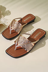 Gold Glitter Band Square Toe Leather Flat Slippers Slippers JT's Designer Fashion