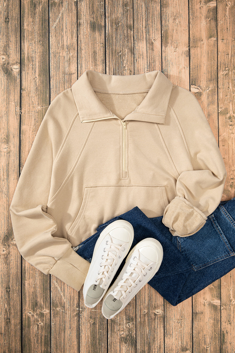 Parchment Quarter Zip Stand Neck Kangaroo Pocket Sweatshirt Sweatshirts & Hoodies JT's Designer Fashion