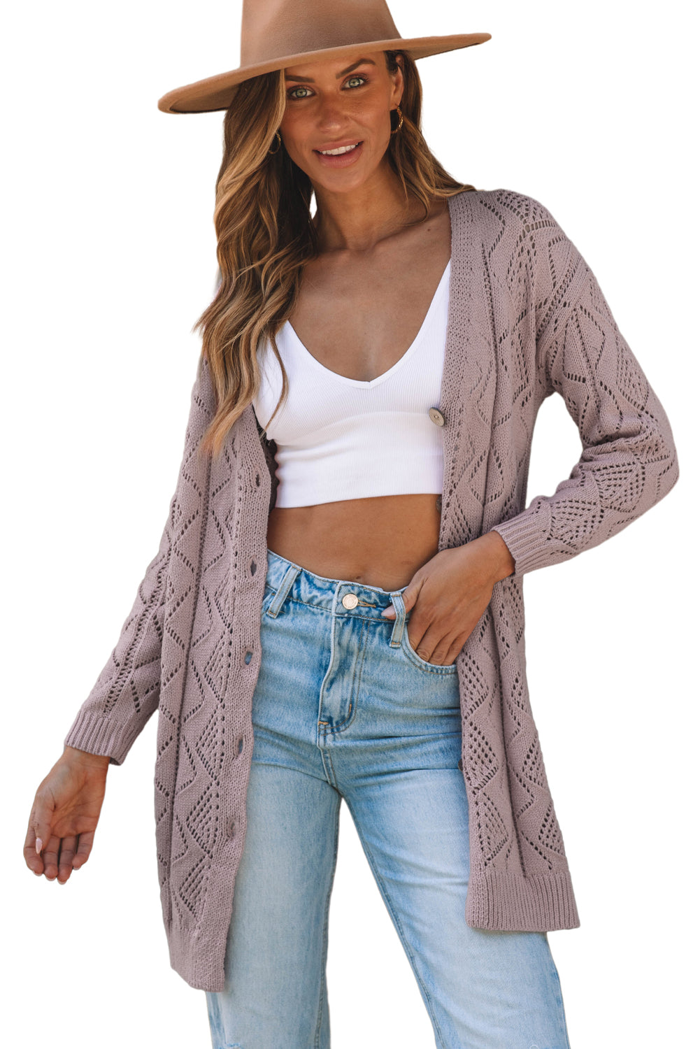 Purple Hollow-out Openwork Knit Cardigan Cardigans JT's Designer Fashion