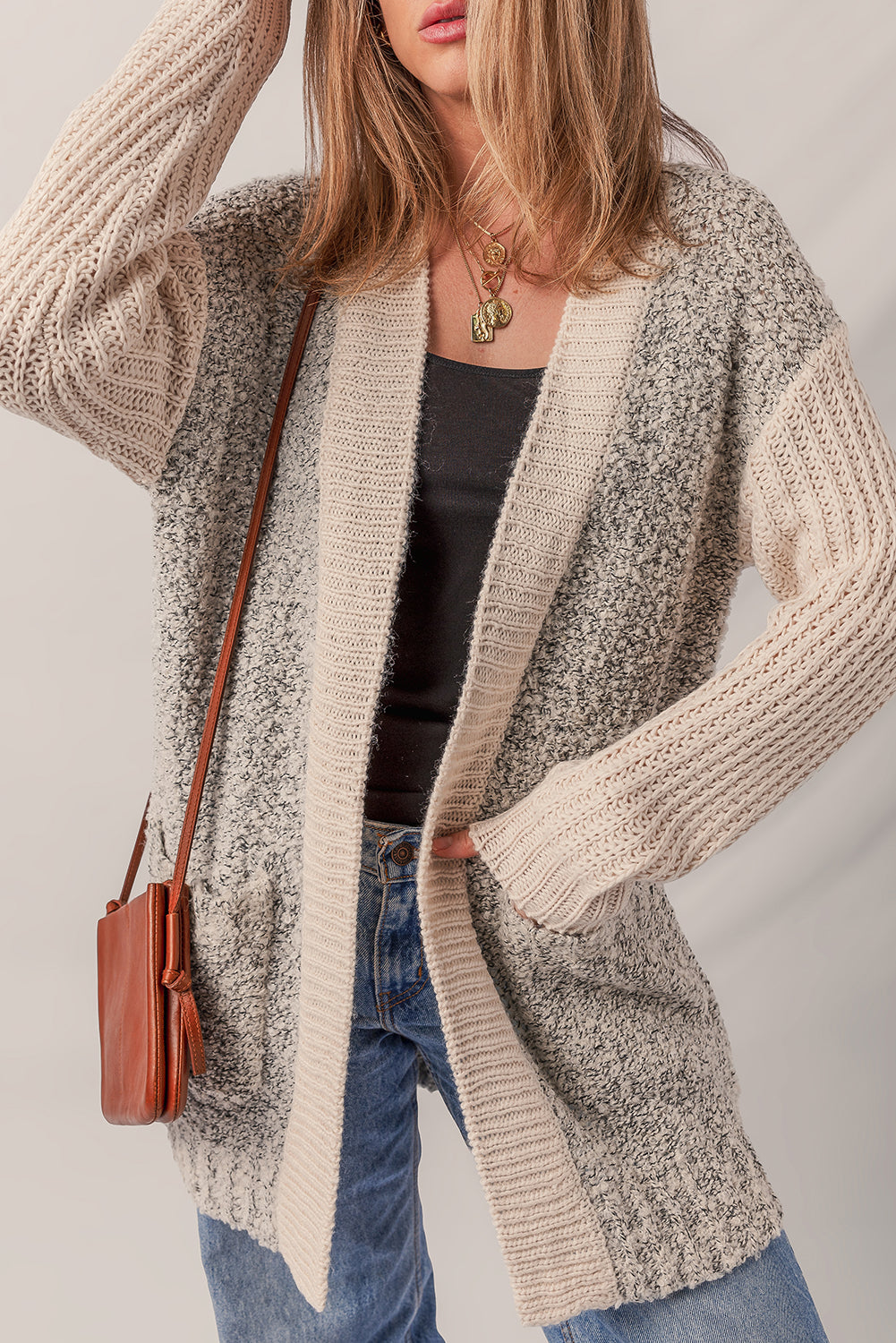 Color Block Side Pockets Open Front Cardigan Cardigans JT's Designer Fashion