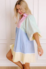 Multicolour Striped Patchwork Ric Rac Puff Sleeve Collared Mini Dress Mini Dresses JT's Designer Fashion
