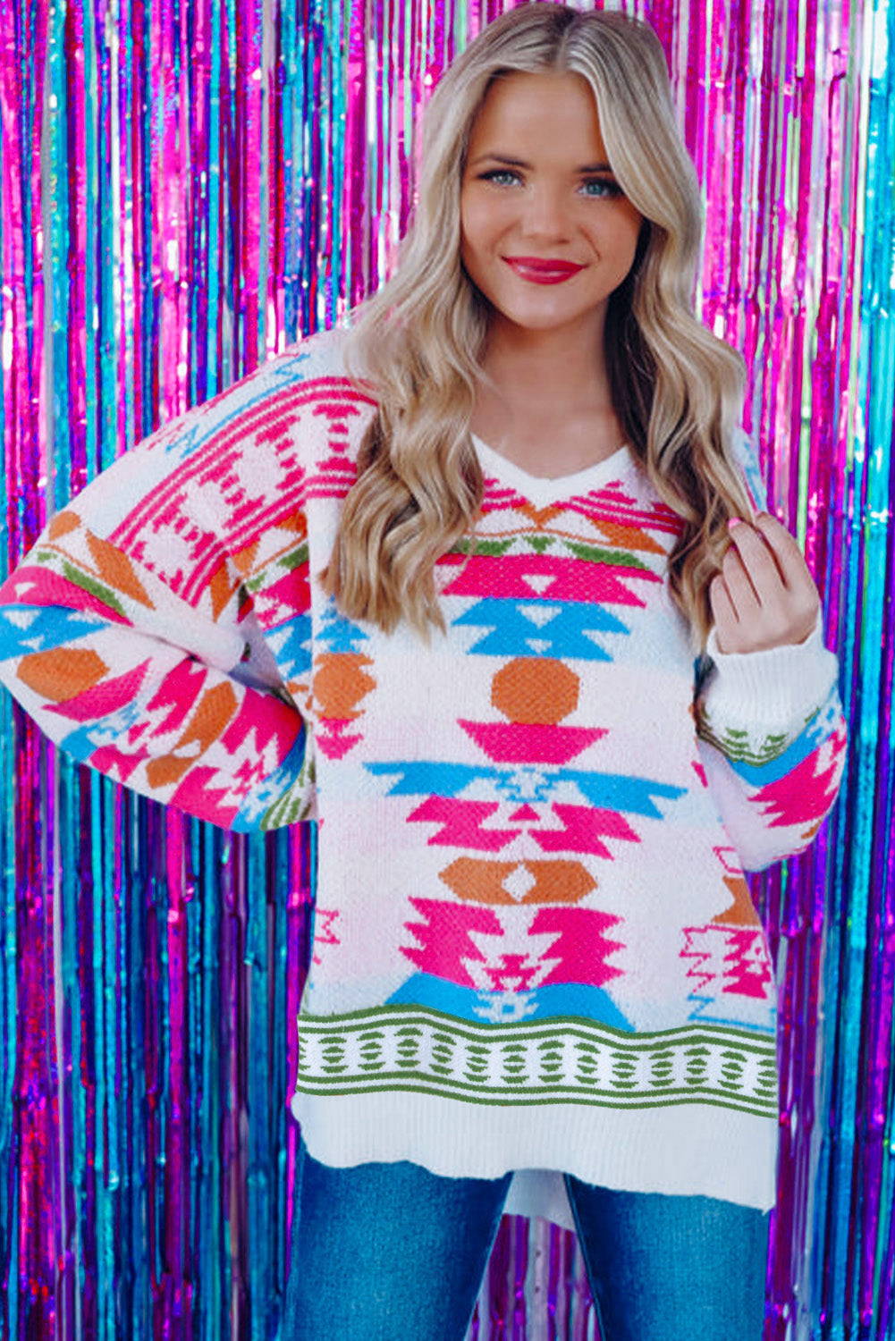 White Oversize Aztec Print High Low V Neck Sweater Sweaters JT's Designer Fashion