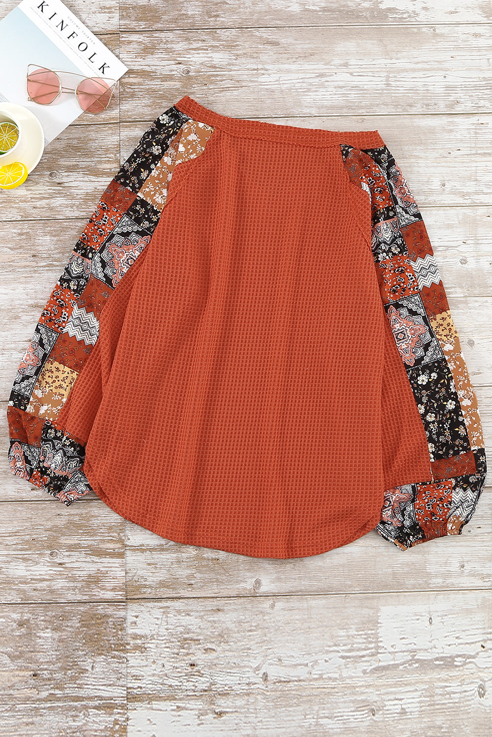 Orange Contrast Eyelet Thermal Knit Top Long Sleeve Tops JT's Designer Fashion