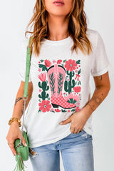 White Western Boots Flower Print Round Neck T Shirt Graphic Tees JT's Designer Fashion