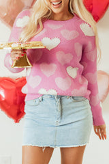 Pink Pearled Heart Print Valentines Crew Neck Sweater Sweaters JT's Designer Fashion