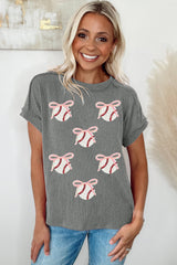 Medium Grey Twist Ribbed Sequined Bow Rugby Game Day Pattern Knit T Shirt Graphic Tees JT's Designer Fashion