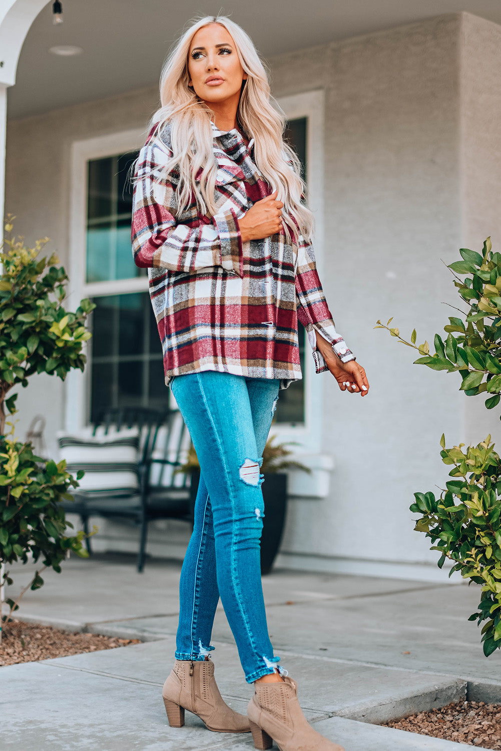 Fiery Red Geometric Plaid Print Pocketed Shacket Plaid Shackets JT's Designer Fashion