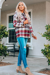 Fiery Red Geometric Plaid Print Pocketed Shacket Plaid Shackets JT's Designer Fashion