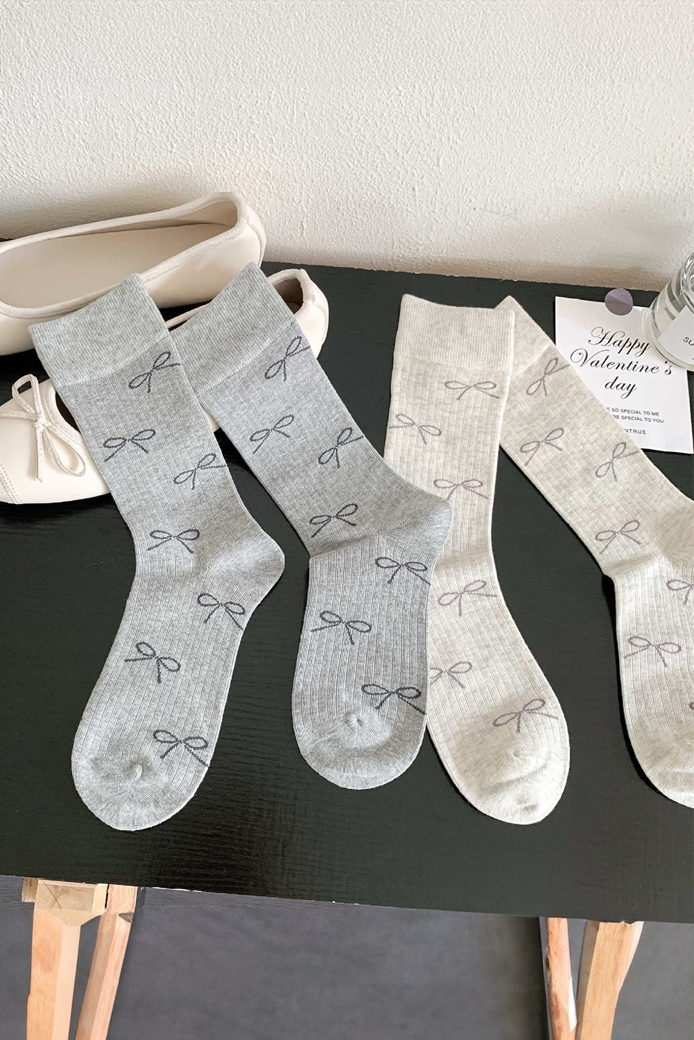 Gray Bow Knot Print Ribbed Crew Socks Socks JT's Designer Fashion