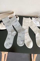 Gray Bow Knot Print Ribbed Crew Socks Socks JT's Designer Fashion