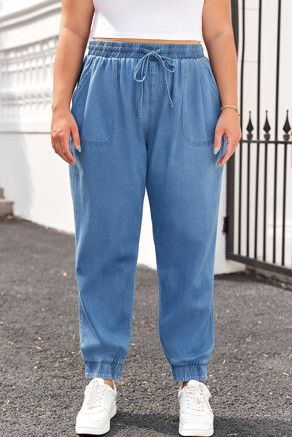 Dusk Blue Drawstring Waist Pocketed Plus Size Denim Joggers Plus Size Bottoms JT's Designer Fashion