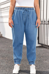 Dusk Blue Drawstring Waist Pocketed Plus Size Denim Joggers Plus Size Bottoms JT's Designer Fashion