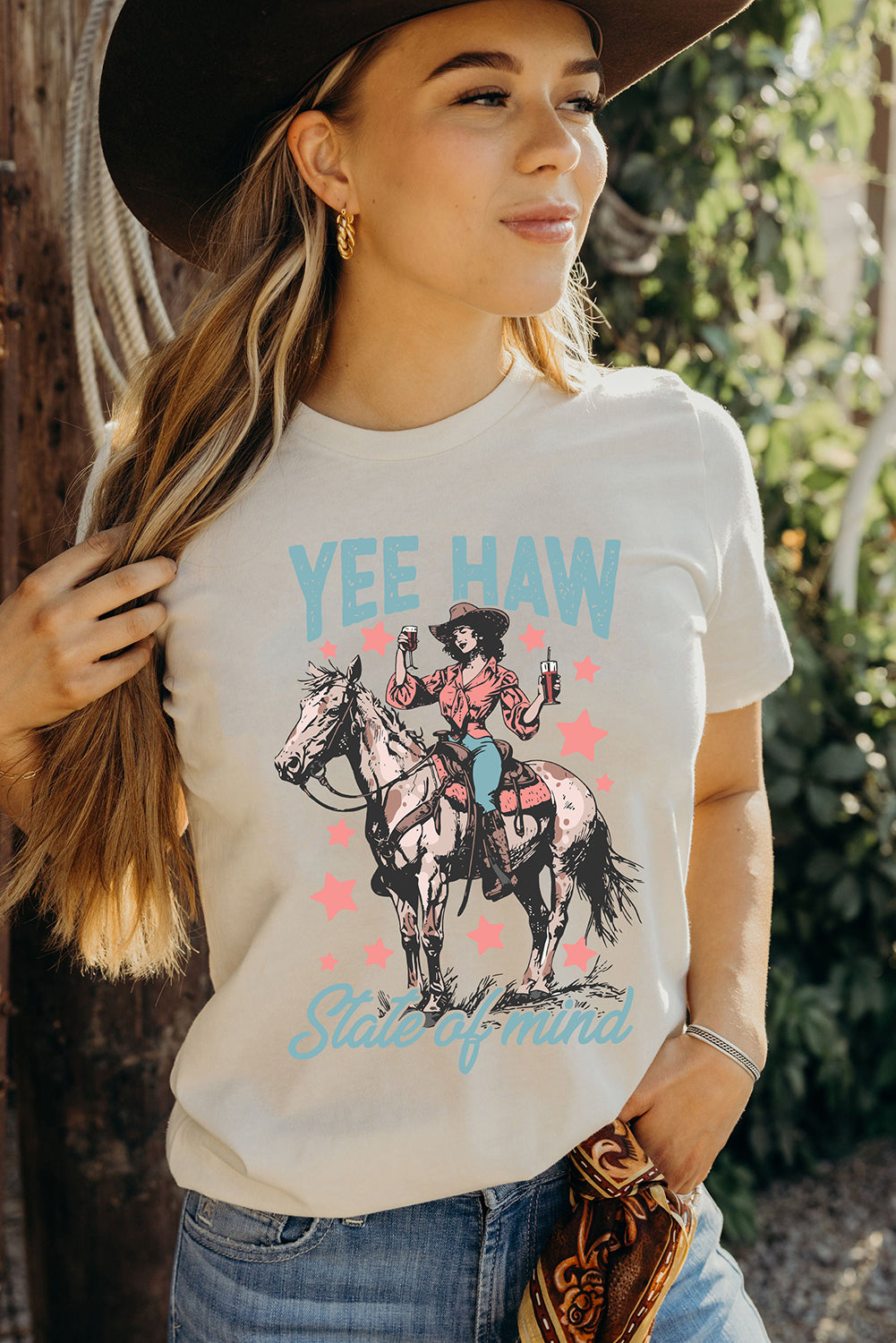 White YEE HAW State of mind Cowgirl Graphic Western Fashion Tee Graphic Tees JT's Designer Fashion