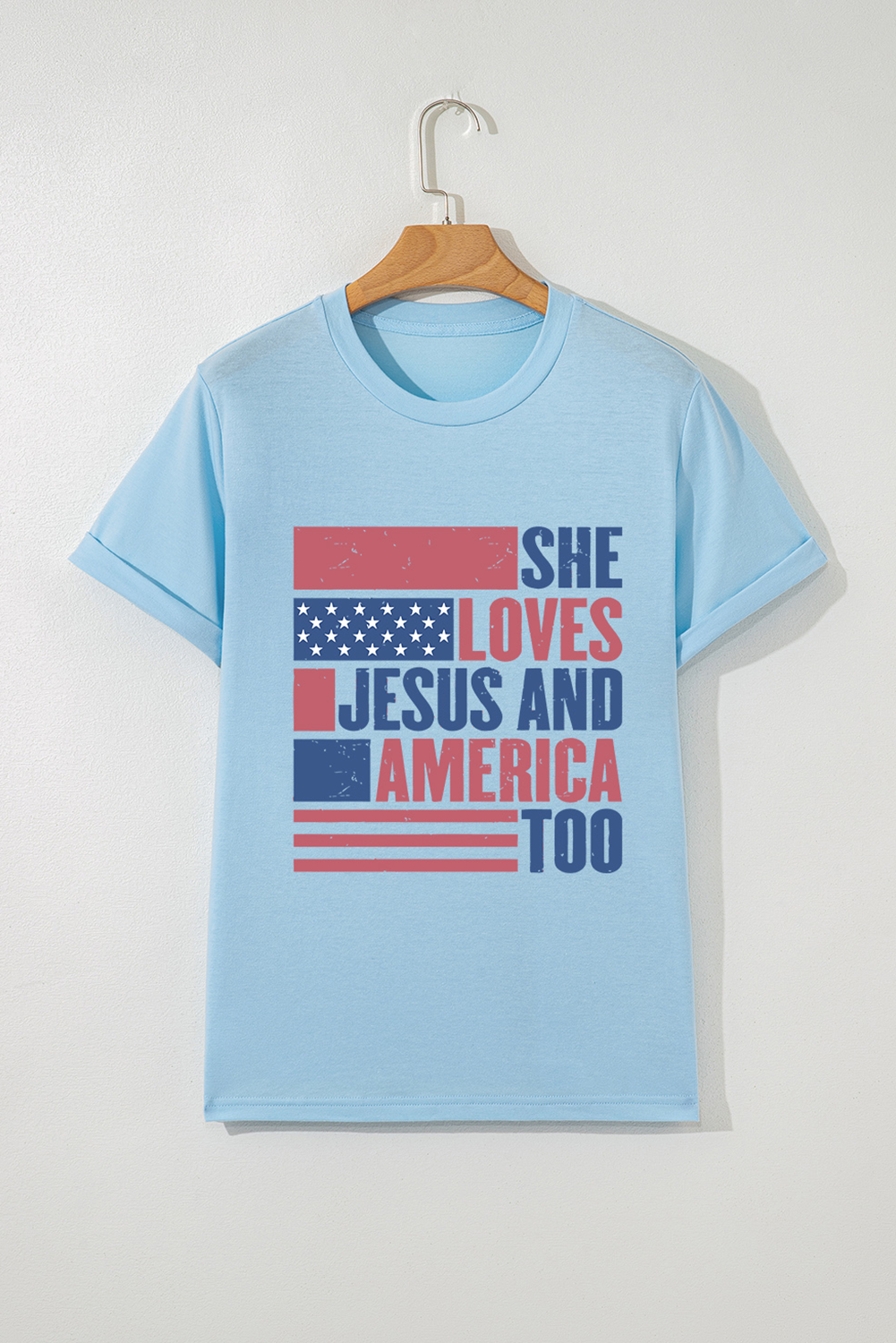 Light Blue SHE LOVES JESUS AND AMERICA TOO Flag Graphic T Shirt Graphic Tees JT's Designer Fashion