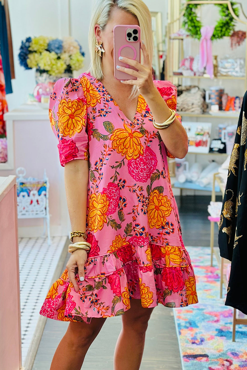 Pink Floral Bubble Sleeve V Neck Ruffled Mini Dress Floral Dresses JT's Designer Fashion