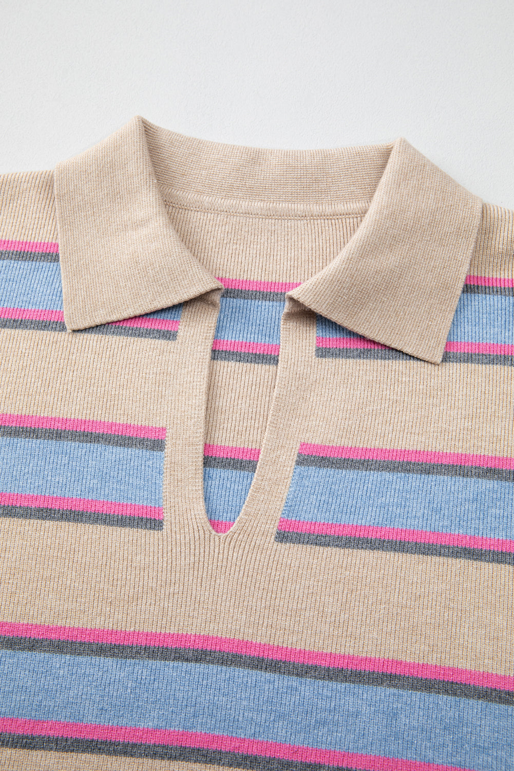 Apricot Stripe Collared V Neck Drop Shoulder Loose Sweater Sweaters JT's Designer Fashion