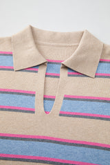Apricot Stripe Collared V Neck Drop Shoulder Loose Sweater Sweaters JT's Designer Fashion