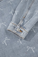 Sky Blue Bow Knot Print Light Wash Raw Hem Denim Jacket Denim Jackets JT's Designer Fashion