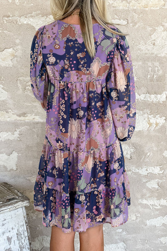 Purple Vintage Daisy Floral Puff Sleeve Ruffle Short Dress Floral Dresses JT's Designer Fashion