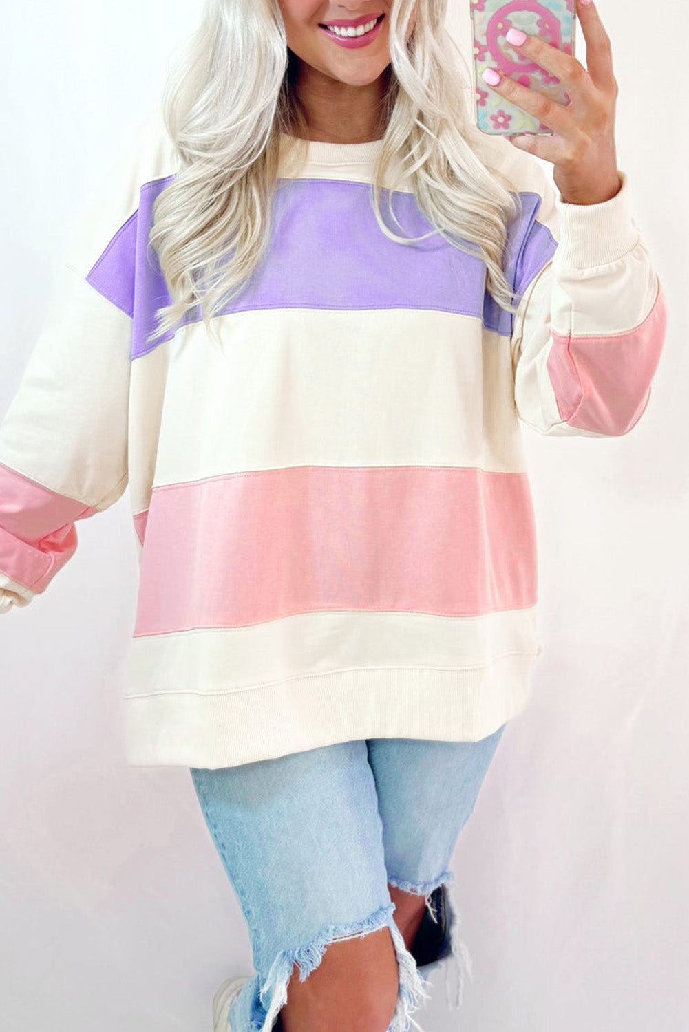 Beige Colorblock Patchwork Drop Shoulder Crewneck Sweatshirt Sweatshirts & Hoodies JT's Designer Fashion