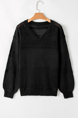 Black Eyelet Pattern Detail V Neck Drop Shoulder Sweater Sweaters JT's Designer Fashion