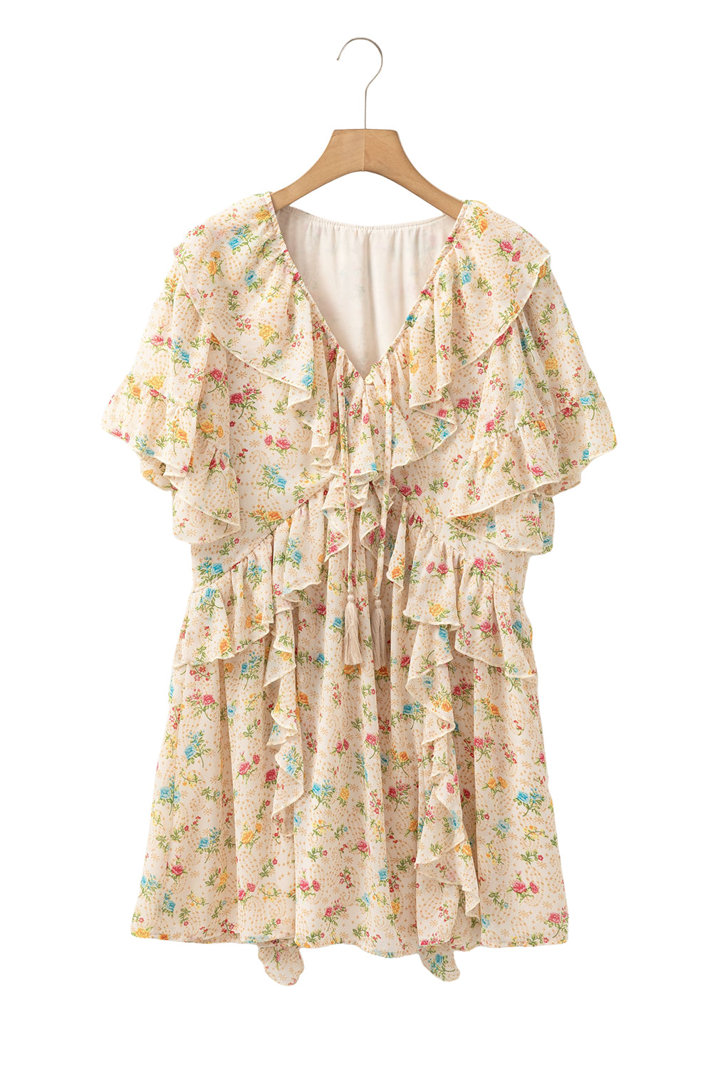 Apricot Boho Floral Tassel Tie V Neck Ruffle Wide Sleeve Mini Dress Floral Dresses JT's Designer Fashion