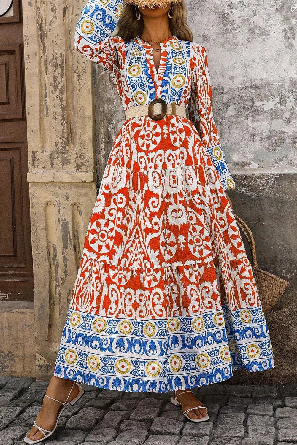 Printed Notched Long Sleeve Long Dress Maxi Dresses JT's Designer Fashion