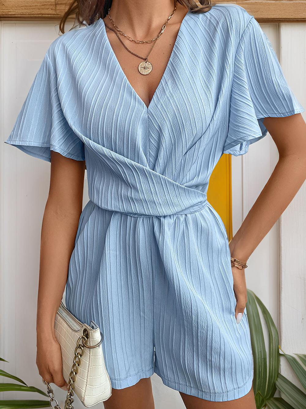 Tied V-Neck Short Sleeve Romper Light Blue JT's Designer Fashion