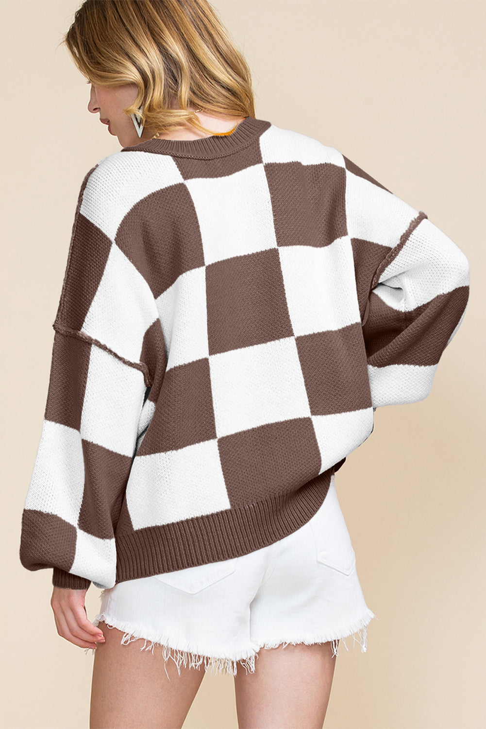 Dark Brown Checkered Bishop Sleeve Sweater Sweaters JT's Designer Fashion