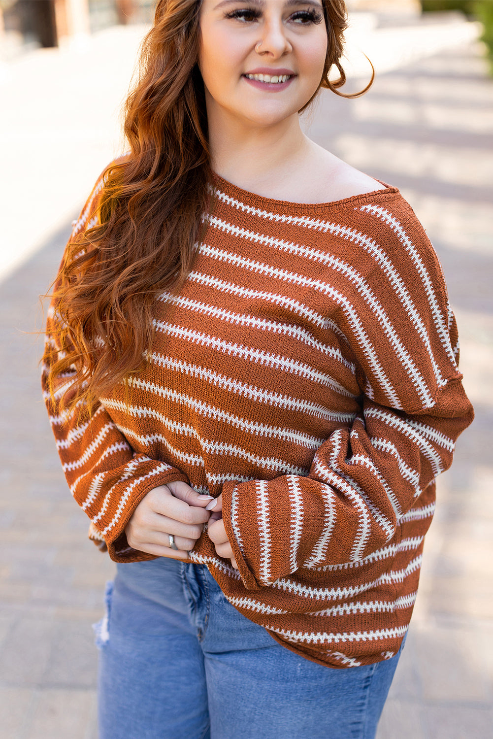 Brown Stripe Drop Shoulder Casual Sweater Sweaters JT's Designer Fashion