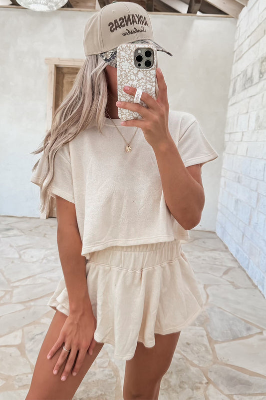 Beige 2pcs Cropped Tee and Ruffle High Waist Skort Set Short Sets JT's Designer Fashion
