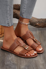 Coffee Buckle Decor Dual Bands Leather Flat Slippers Slippers JT's Designer Fashion