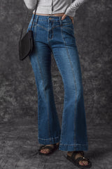 Blue High Waist Seam Stitching Pocket Flare Jeans Jeans JT's Designer Fashion