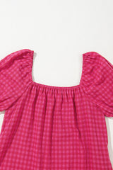 Rose Ginham Check Bubble Sleeve Ruffled Long Dress Maxi Dresses JT's Designer Fashion