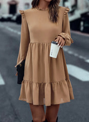 Light French Beige Frilled Collar Ruffled Shoulder Tiered Dress Mini Dresses JT's Designer Fashion