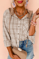 Khaki Checkered Print Loose Fit Buttoned Hooded Shacket Khaki 65%Polyester+35%Cotton Plaid Shackets JT's Designer Fashion