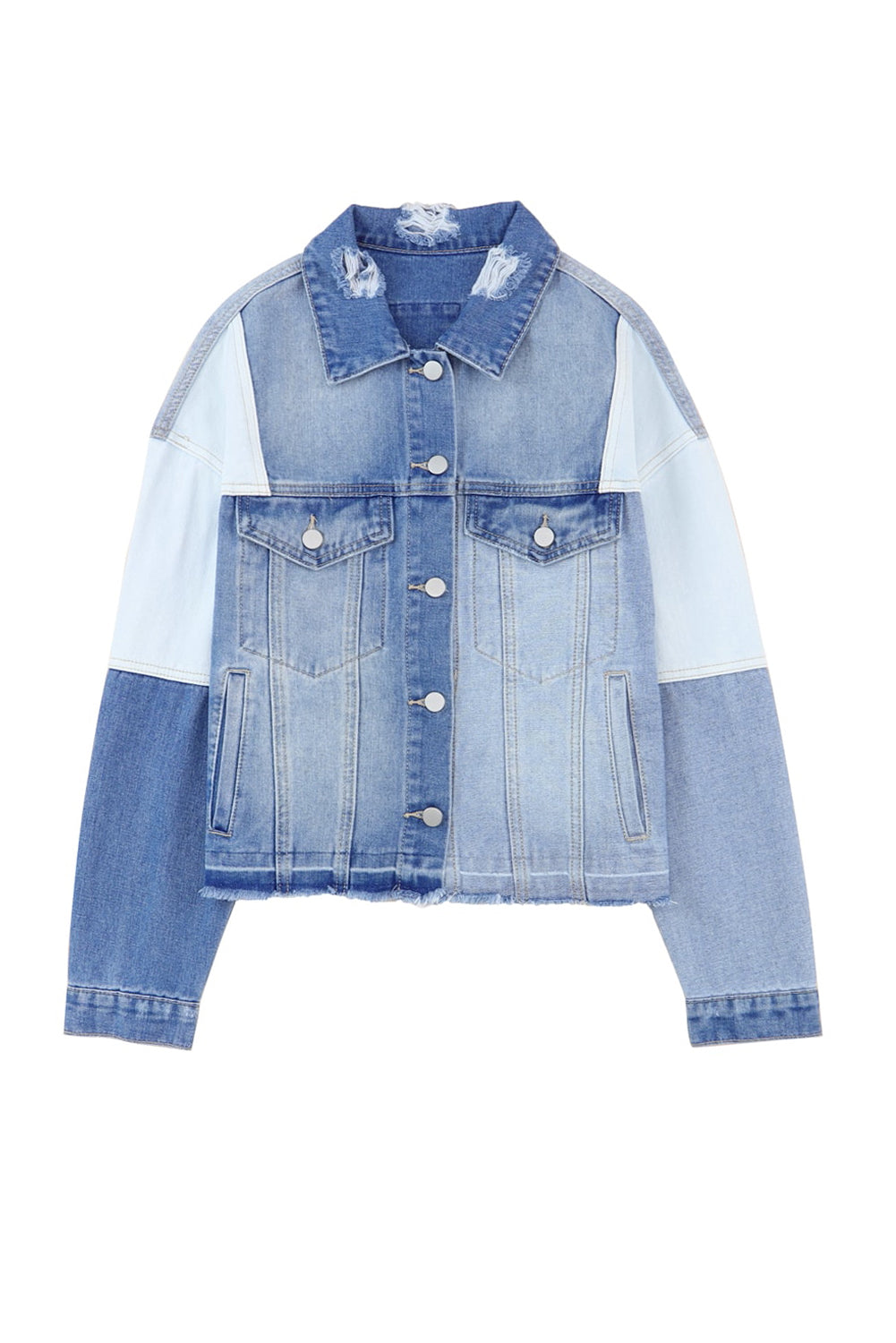 Sky Blue Color Block Denim Patchwork Frayed Hem Jacket Denim Jackets JT's Designer Fashion