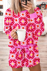 Sachet Pink Geometric Print Long Sleeve Top and Drawstring Shorts Set Sachet Pink 95%Polyester+5%Elastane Short Sets JT's Designer Fashion