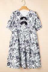 Black Floral Print Bow Detail Puff Sleeve Plus Size Midi Dress Plus Size Midi Dresses JT's Designer Fashion